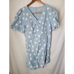 LOFT Women's Size 12 Blue White Polka Dot V-Neck Puff Sleeve Shift Mini Dress